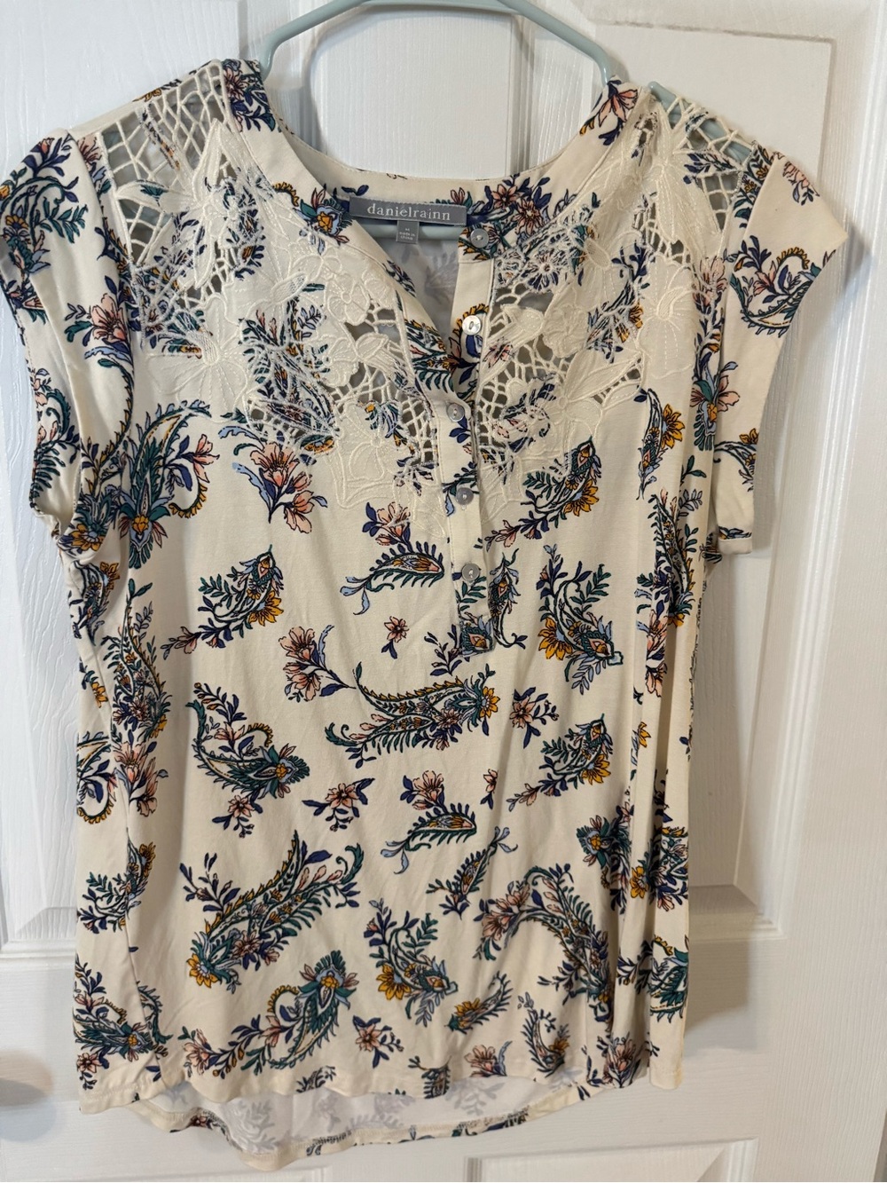 Daniel Rainn Cream Floral Lace Yoke Cap Sleeve Blouse